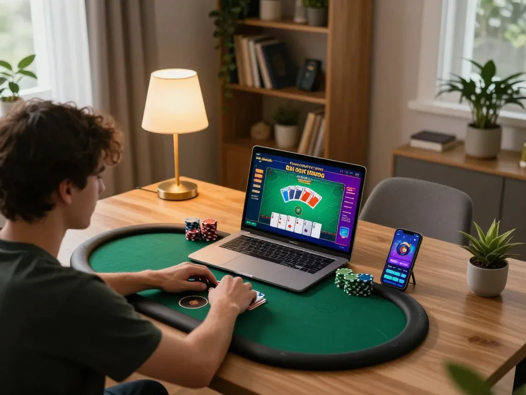 A player enjoying game bai doi thuong at home on a laptop with poker game displayed, showcasing strategic gameplay.