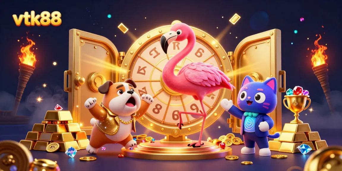 Exciting gaming action at vtk88, featuring a joyful bulldog contestant and a flamboyant flamingo host.