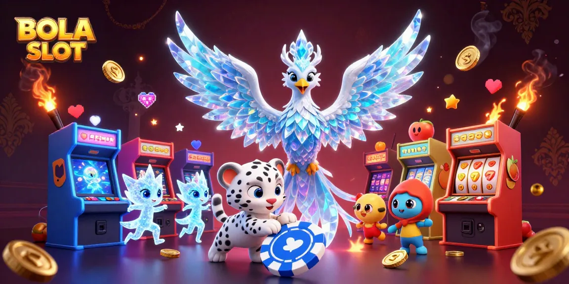 Experience the thrill of BOLA SLOT with an enchanting illustration of a vibrant casino scene featuring playful characters and whimsical game elements.