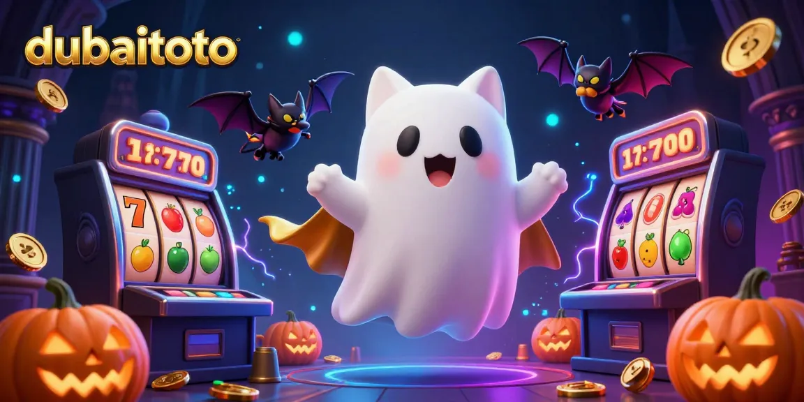 Engage with dubaitoto's thrilling haunted casino scene featuring a ghost cat and vampire bat amidst vibrant slots gameplay.