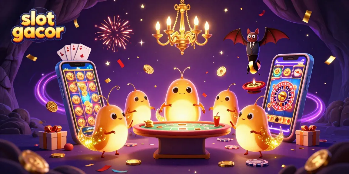 Experience thrilling slot gacor action with vibrant glowworms and a bat dealer in an illuminated casino.