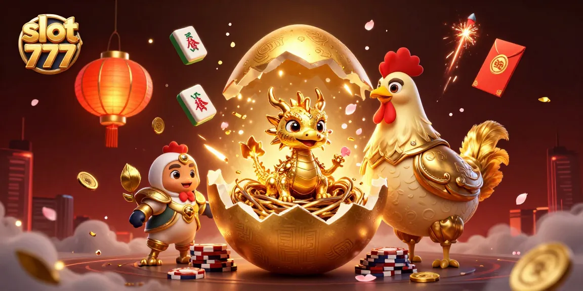 Experience slot 777 thrills as a golden dragon nests on poker chips amid shimmering casino elements.