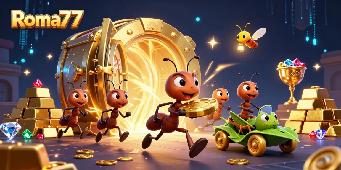 A 3D illustration of ants carrying a golden poker chip for Roma77, surrounded by treasure elements and vibrant casino graphics.