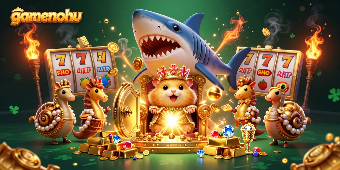 Experience gamenohu with a vibrant scene of a golden hamster king amidst slots and treasures.