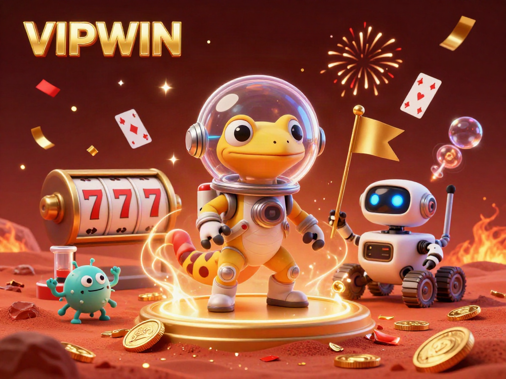 VIPWIN engages players with a 3D cartoon gecko discovering a golden casino, enhanced by festive gambling elements.