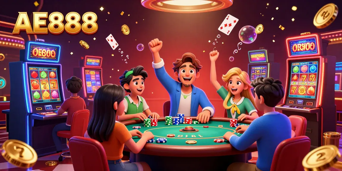 Celebrate wins at AE888 with vibrant players enjoying slots and poker in a glamorous casino.
