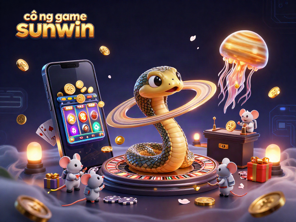 Engage in the excitement of cổng game sunwin with dynamic 3D casino elements, including a roulette, slot games, and betting mice.