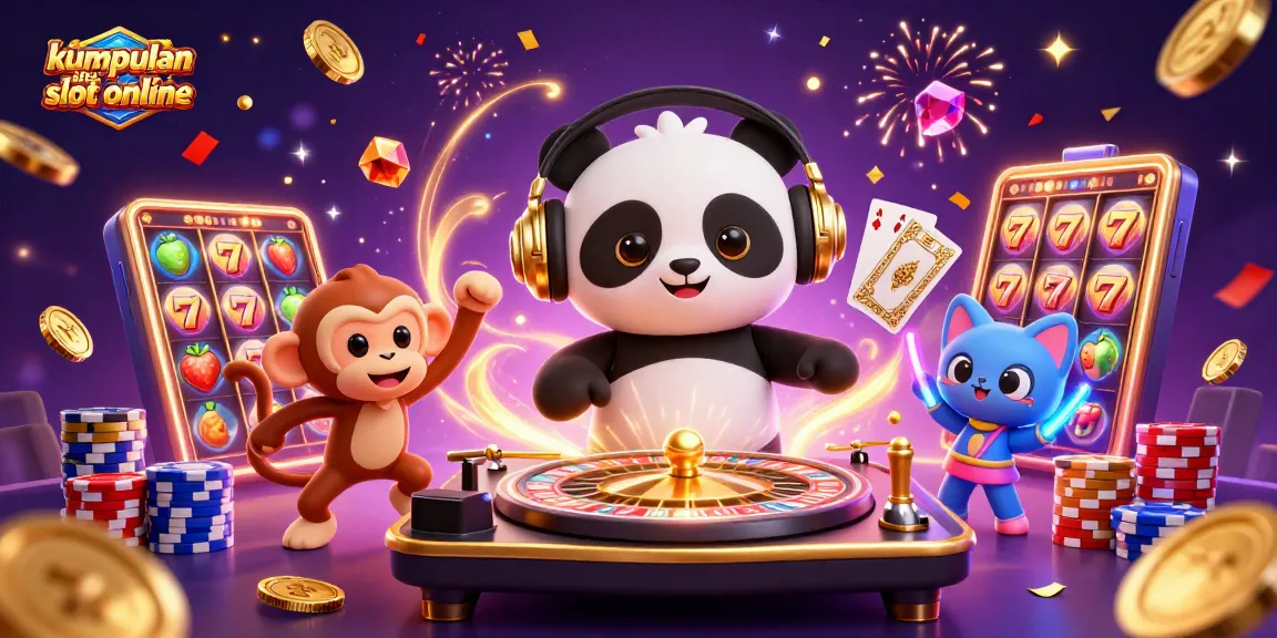 Spin and win with kumpulan situs slot online, featuring a DJ panda and vibrant casino elements.