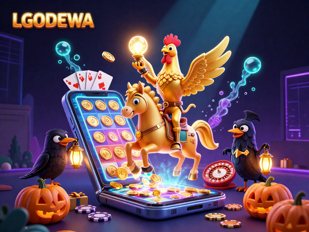 Engage with LGODEWA in a vibrant 3D casino scene featuring a golden rooster and animated gaming elements.