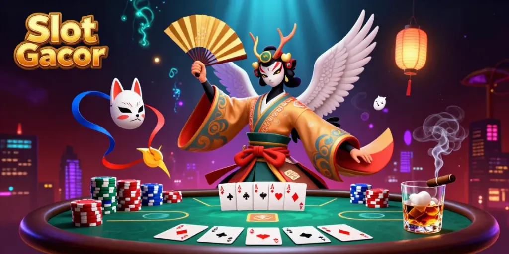 Engage with Slot Gacor through a vibrant 3D scene featuring kabuki warriors among casino elements.