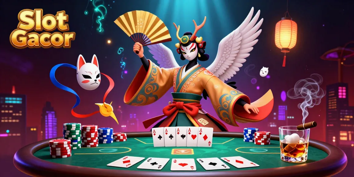 Engage with Slot Gacor through a vibrant 3D scene featuring kabuki warriors among casino elements.