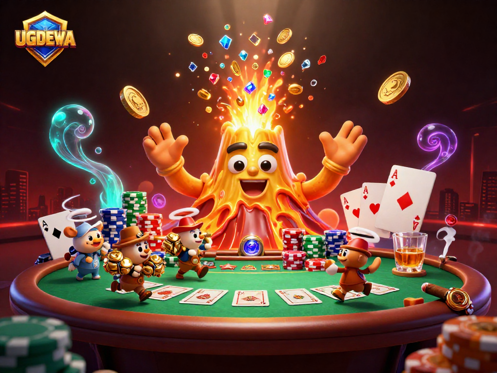 Experience thrilling gameplay with the UGDEWA volcano erupting coins and treasures in a vibrant casino scene.