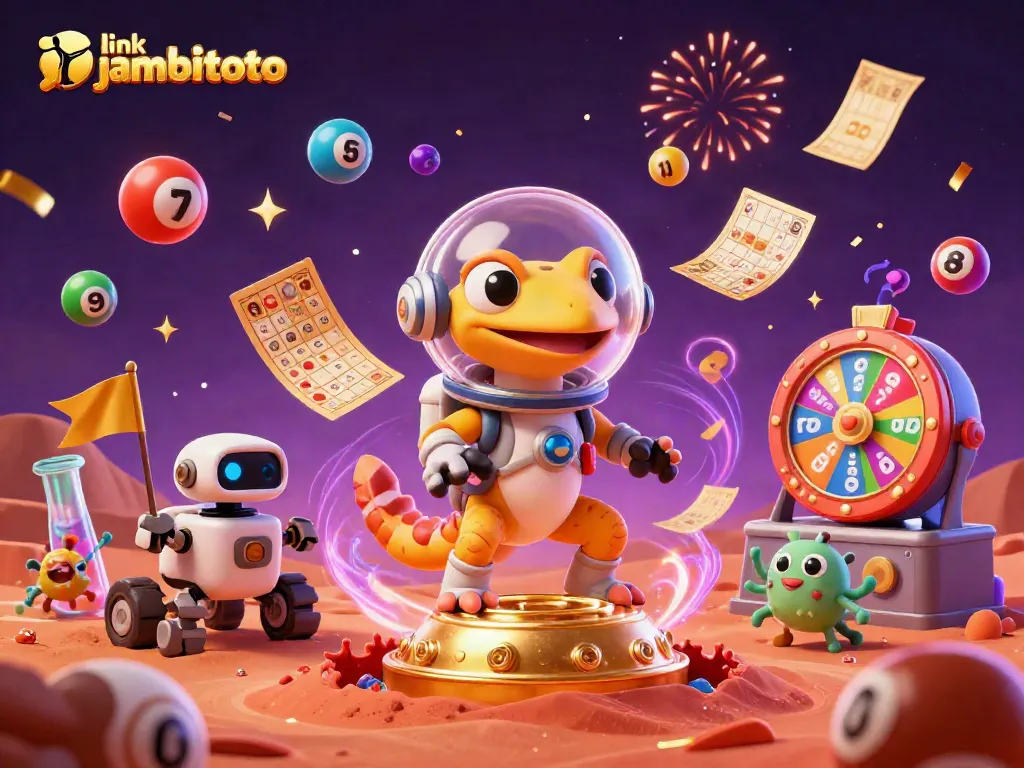 Join the fun with link jambitoto as the Martian gecko and robot celebrate big wins in a vibrant casino setting.