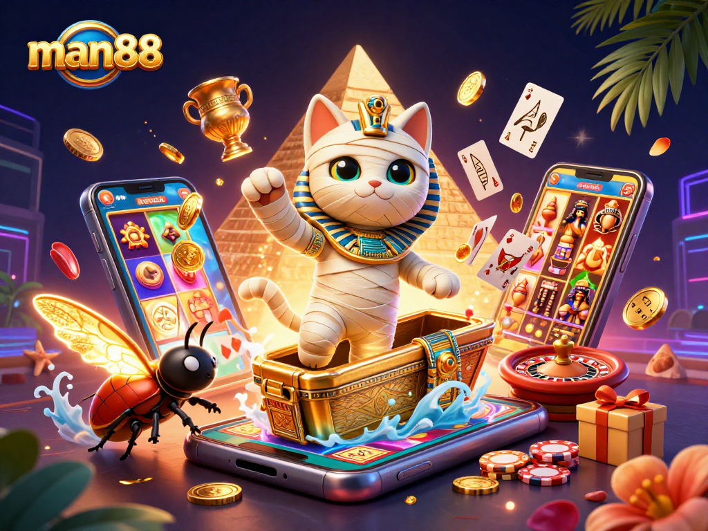 Experience the thrill of man88's slots with a mummy cat and scarab beetle amid vibrant gaming elements.