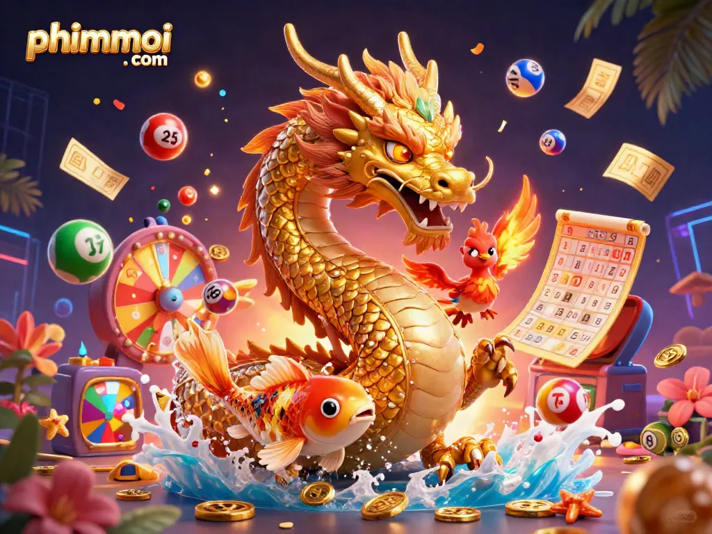Experience thrilling gameplay at phimmoi . com with a vibrant scene of dragons, phoenixes, and coins.