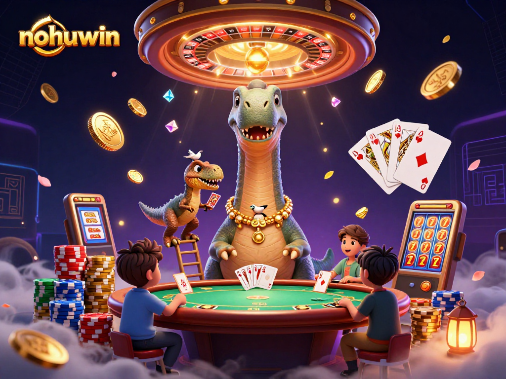 Experience the excitement of nohuwin with a dynamic casino scene featuring characters, cards, and golden coins.