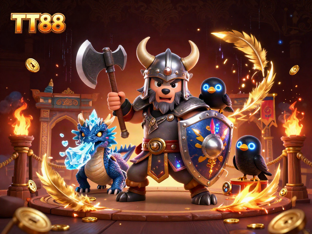 Engage with TT88's thrilling gaming universe through this vibrant Viking and dragon illustration.