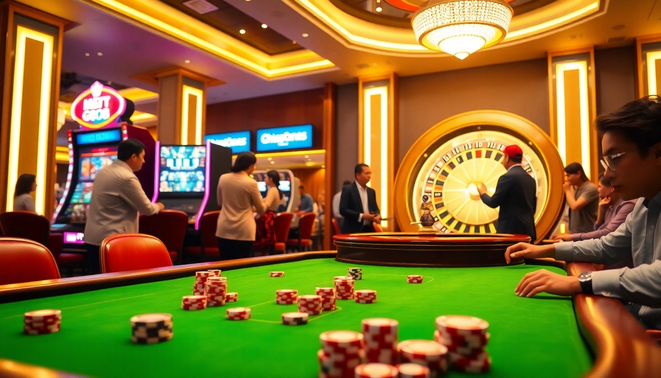 Exciting gaming table at nhà cái go8 with poker chips, dice, and roulette wheel in a luxurious casino setting.