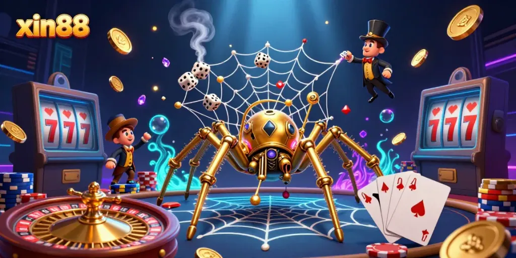XIN88 showcases an enthralling steampunk casino scene with golden spider and Victorian fly, capturing thrilling gambling action.