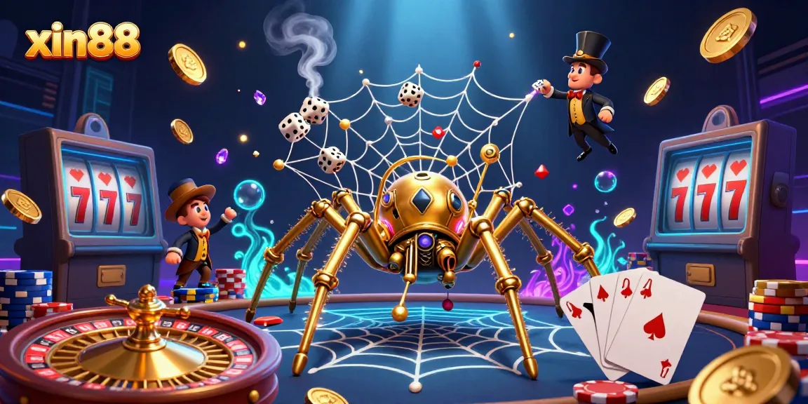 XIN88 showcases an enthralling steampunk casino scene with golden spider and Victorian fly, capturing thrilling gambling action.