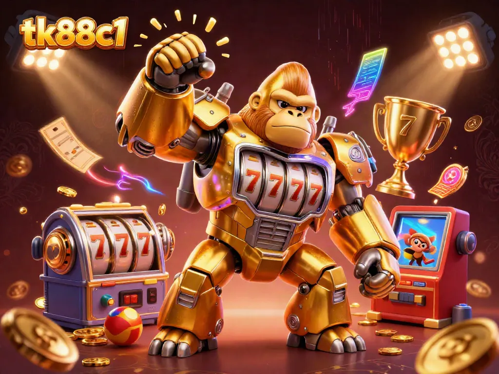 Engaging slot machine theme featuring tk88c1's transformer-style gorilla mech amidst flying coins and gaming elements.