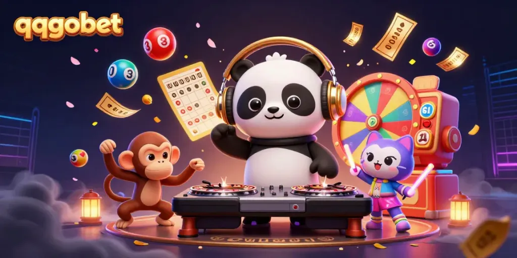 qqgobet menghibur dengan DJ panda dan karakter lucu dalam suasana kasino yang meriah