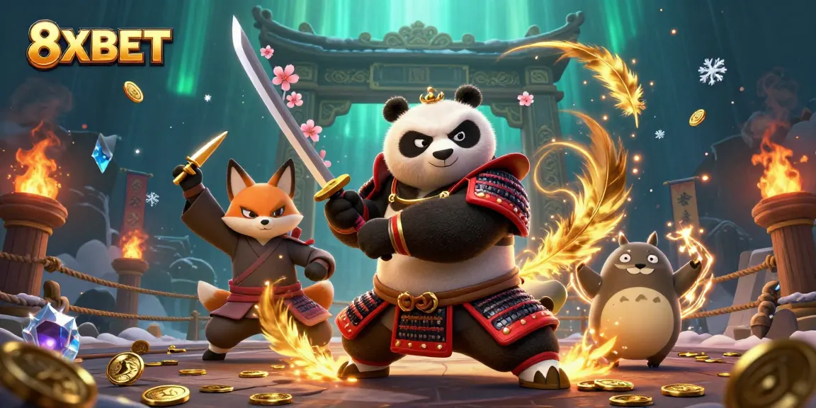 Earn big at 8XBET with dynamic gameplay showcasing samurai panda and ninja fox in action.