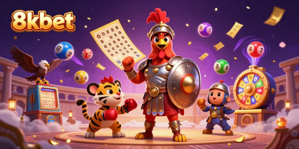 Experience exciting action with 8xbet, featuring a gladiator rooster and casino elements in a vibrant arena scene.