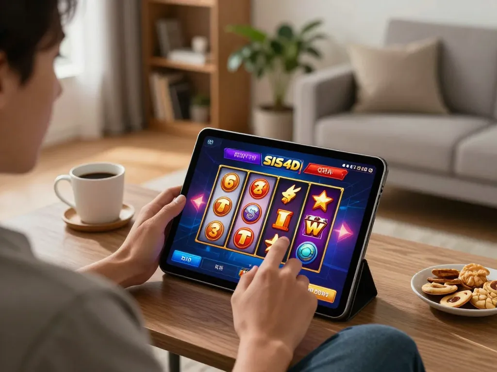 Engaging SIS4D gaming experience on a tablet in a cozy living room with vibrant slot reels.