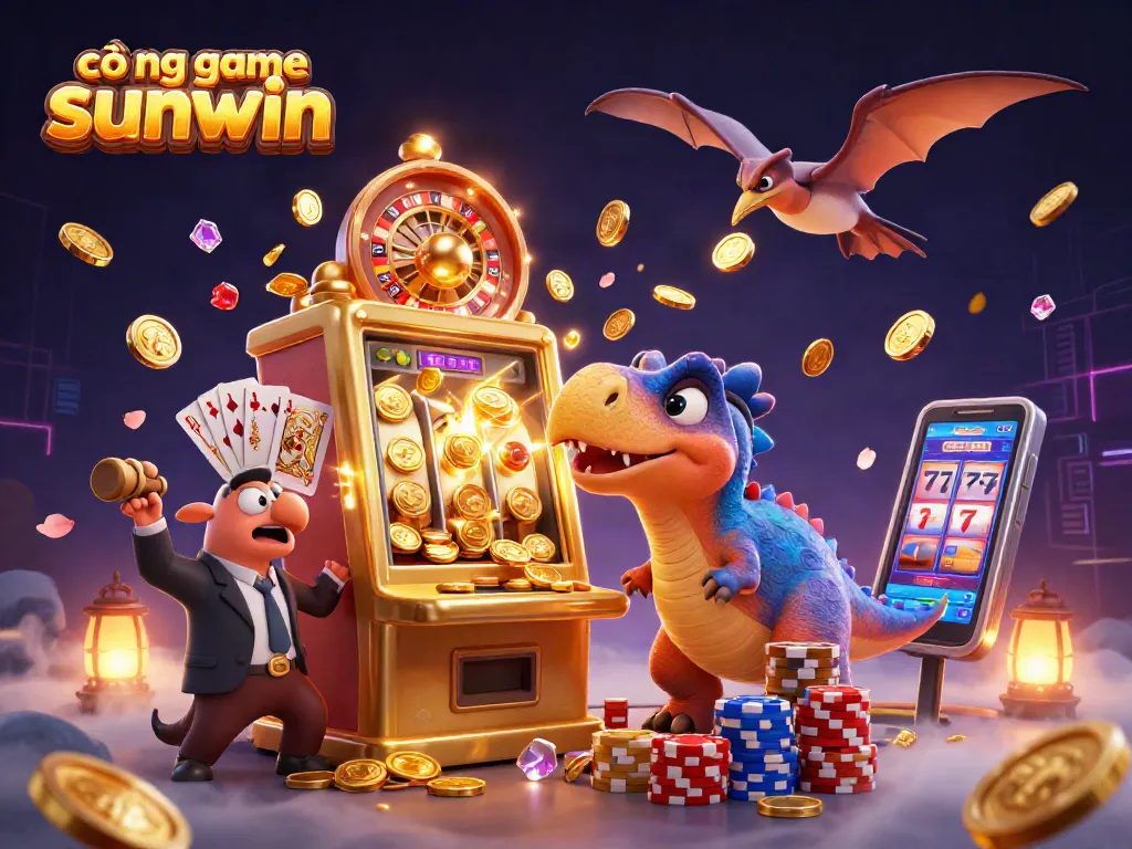 Engage with the exciting cổng game sunwin, featuring cascading coins and vibrant characters in a dynamic casino scene.