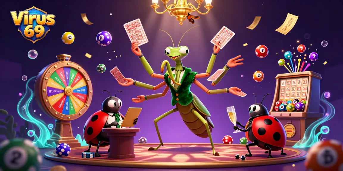 Experience fun at Virus 69 as the praying mantis dealer shuffles cards and pours champagne.