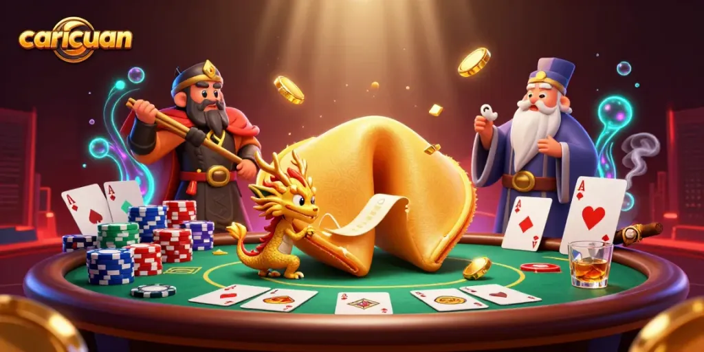 Engage in exhilarating poker strategies with caricuan's iconic golden fortune cookie scene.