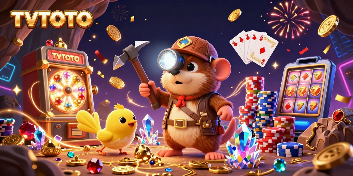 Experience the thrill of winning with TVTOTO, featuring a treasure hunter mining golden gems in a vibrant casino scene.