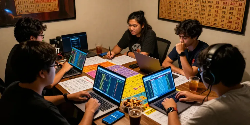 Penggemar bandar togel berkumpul untuk bermain togel online dengan antusias, lengkap dengan laptop dan smartphone, menciptakan suasana menarik.