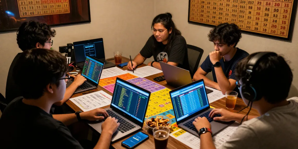 Penggemar bandar togel berkumpul untuk bermain togel online dengan antusias, lengkap dengan laptop dan smartphone, menciptakan suasana menarik.