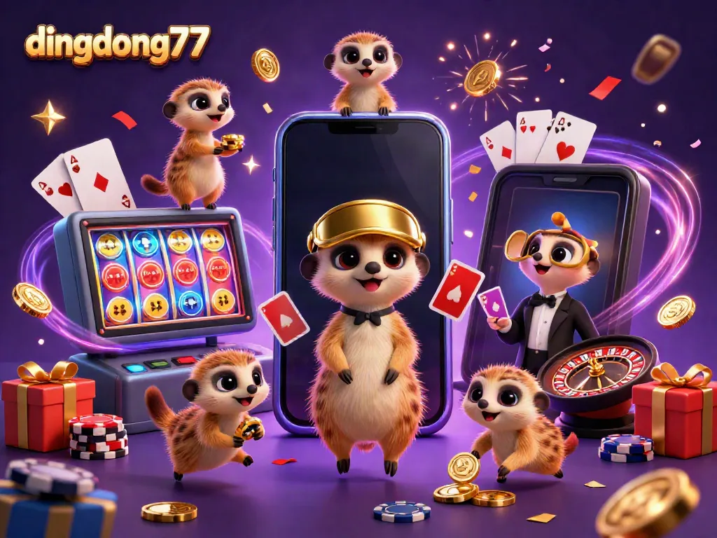 Dive into the excitement of dingdong77 with a lively scene of meerkats running a casino filled with vibrant game elements and celebration.