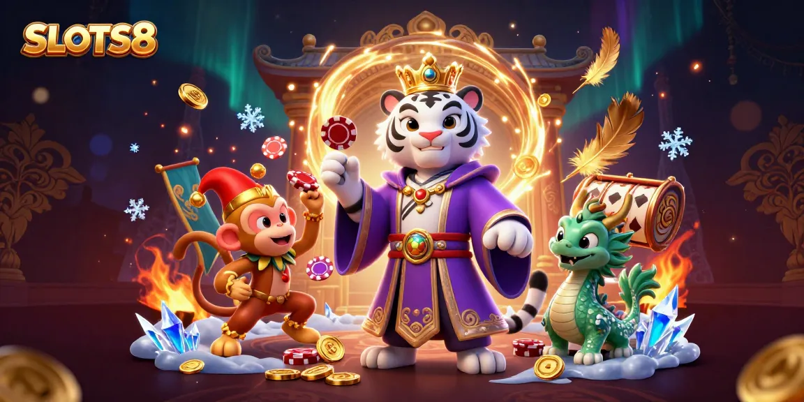 SLOTS8 captivates with its engaging slot reel scene featuring a regal tiger, jester monkey, and lively dragon.