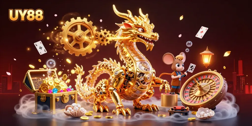 Experience the vibrant world of UY88 Casino with a dynamic 3D dragon and gaming elements.
