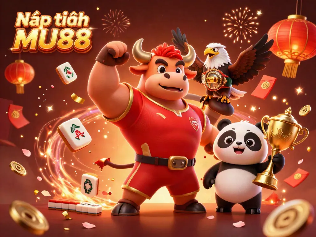 Nạp tiền MU88 with a victory pose by a bull mascot and festive elements.