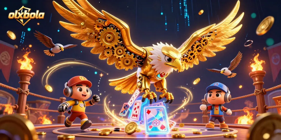 Experience thrilling sports betting action with olxbola featuring a golden eagle amid cards and coins.