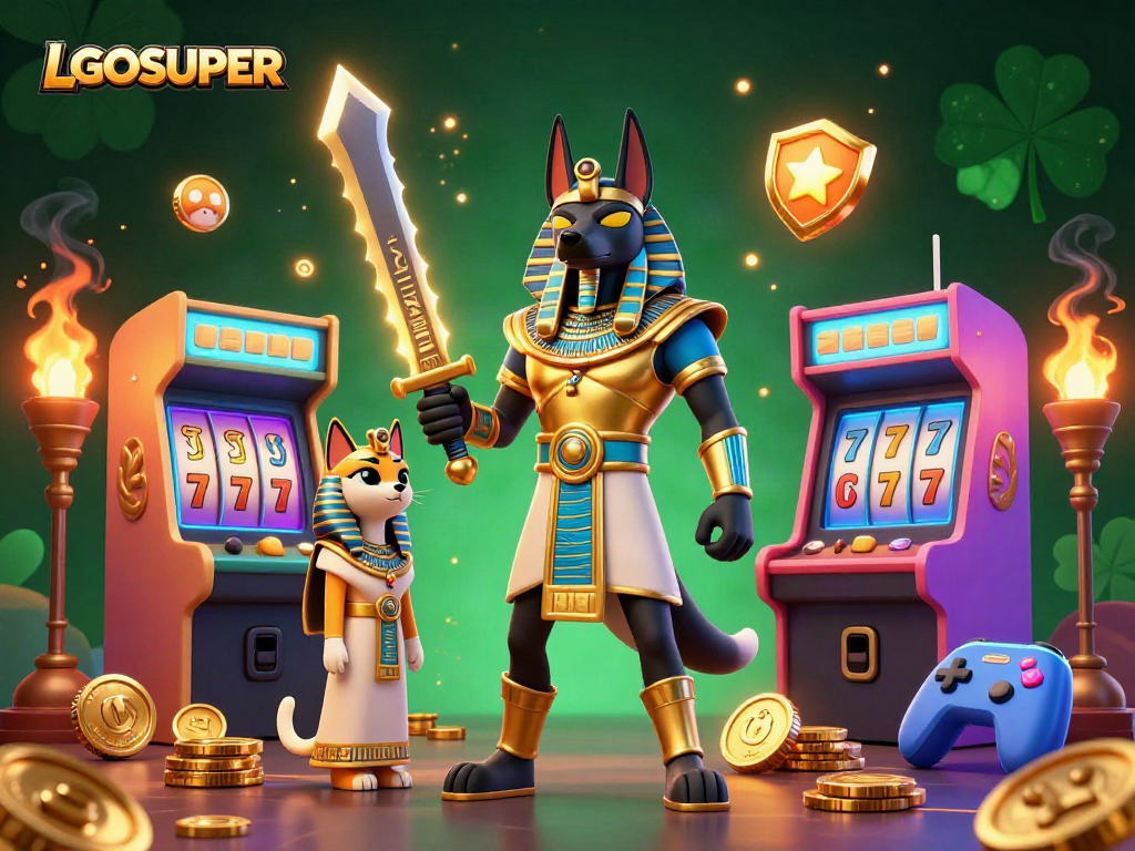 Experience thrilling gameplay with LGOSUPER's colorful casino scene featuring Anubis, arcade machines, and slot symbols.