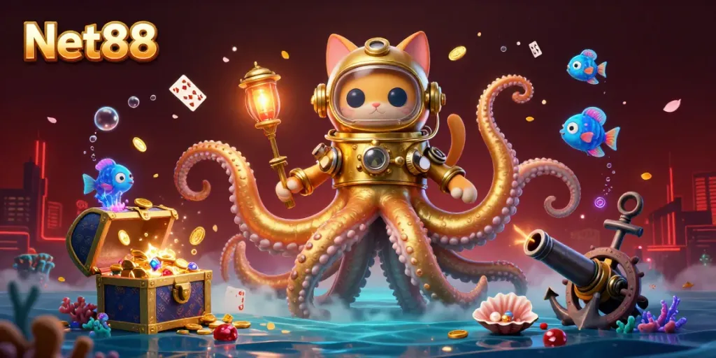 Win big at Net88 with thrilling underwater adventures featuring a kraken and treasure.