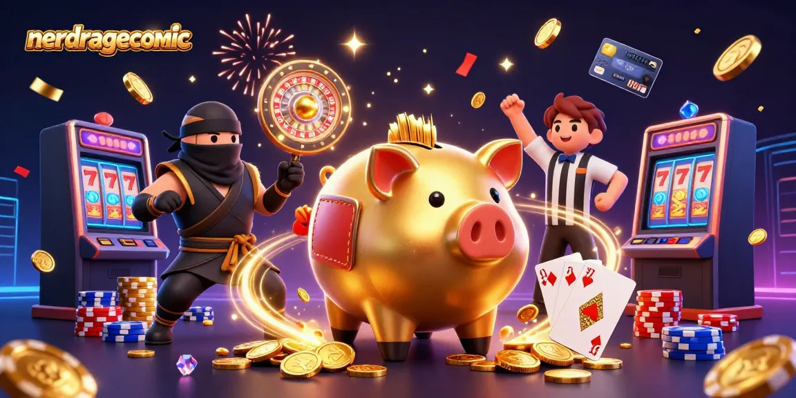 Gambaran aksi dari nerdragecomic dengan penggambaran piggy bank sumo dan ninja dalam suasana kasino.