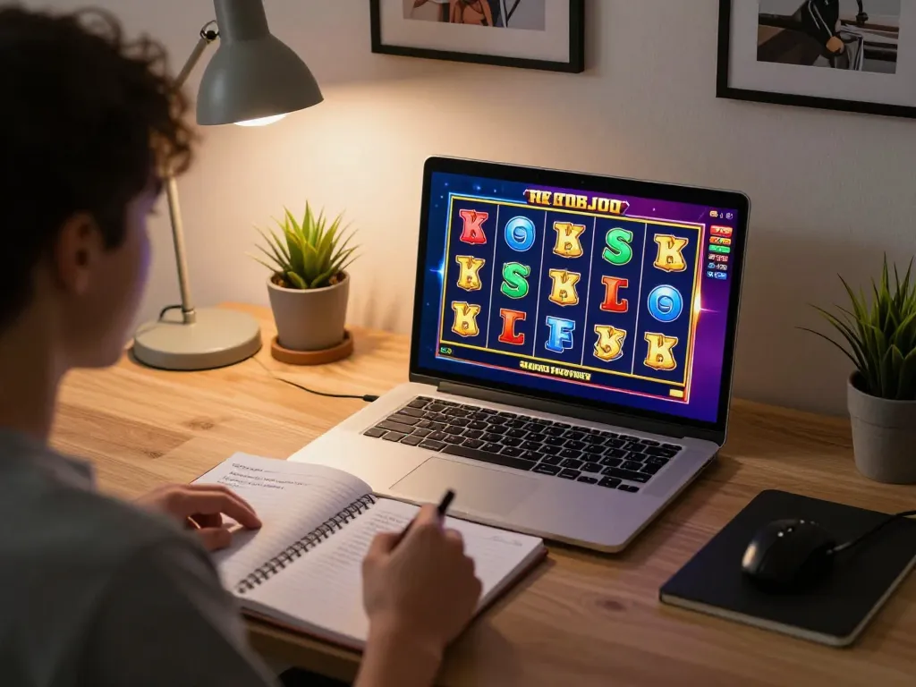 Player enjoying an online slot game, focusing on strategies in a cozy gaming setup, promoting responsible gambling.