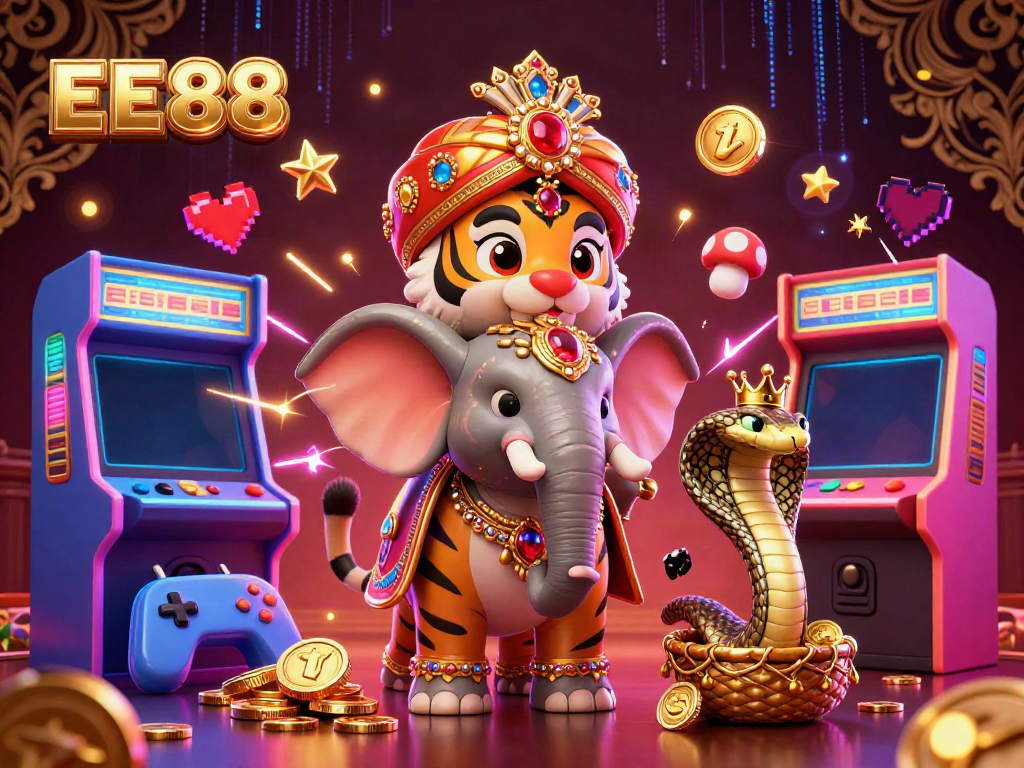 Engage in thrilling gameplay with EE88 surrounded by vibrant casino elements and a majestic scene.