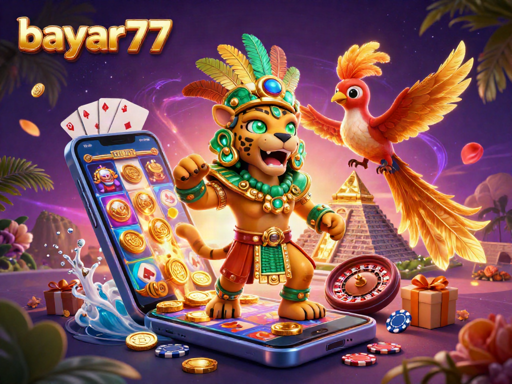 Permainan slot seru bersama bayar77, mendapatkan koin emas dan kartu bermain di latar belakang yang berkilau.