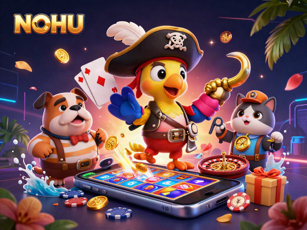 NOHU interactive slot game scene with a pirate captain giving orders, showcasing vibrant casino elements.