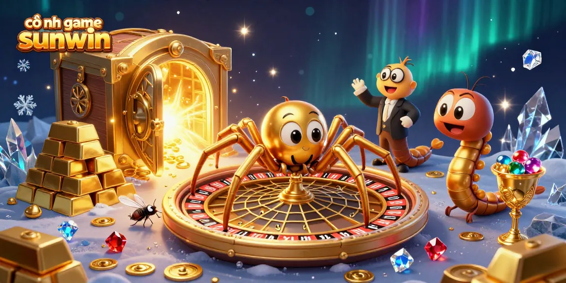 Engage with cổng game sunwin as a golden spider spins a roulette wheel filled with gems in a vibrant casino scene.
