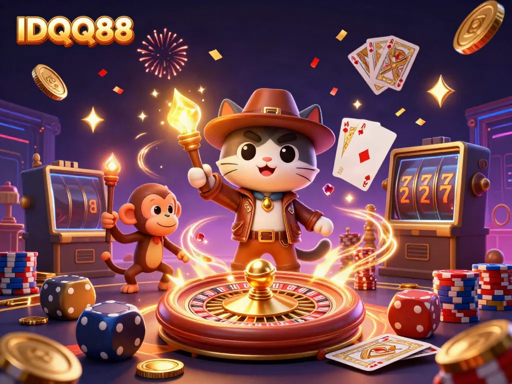 Experience thrilling moments at IDQQ88 with a cat archaeologist uncovering golden casino treasures.