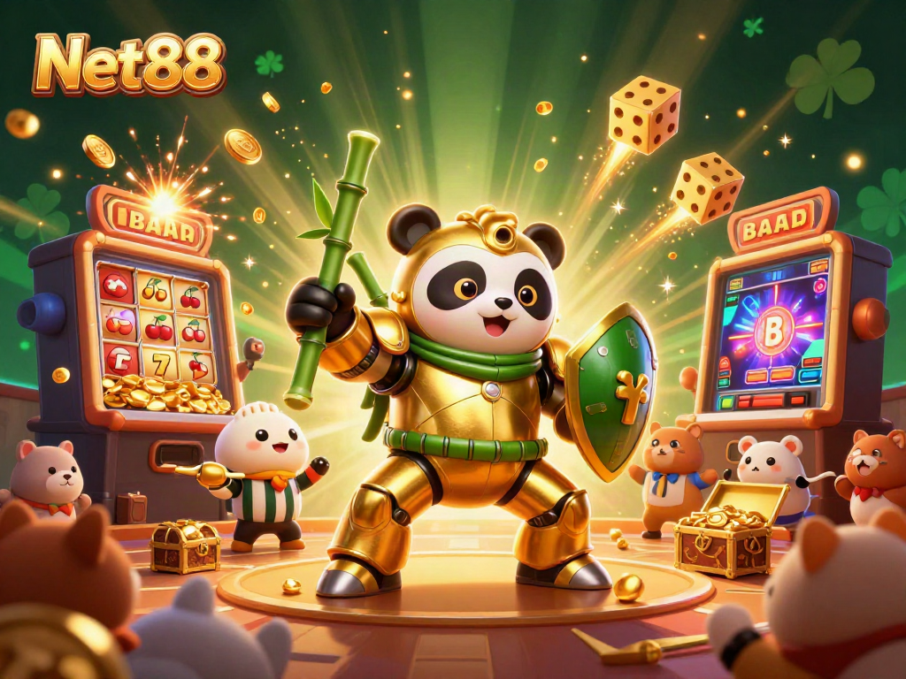 Net88's vibrant casino scene features a golden panda battling in a dynamic gambling arena.